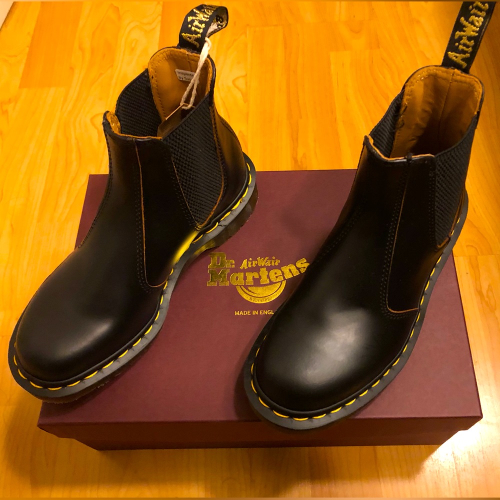 Dr. Martens Black Leather Booties with Yellow Accents